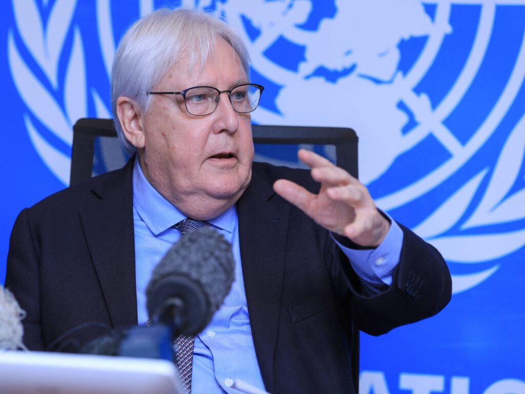 Under-Secretary-General for Humanitarian Affairs and Emergency Relief Coordinator at the United Nations, Martin Griffiths, speaks during a press conference in Mogadishu on September 5, 2022. - He warned on September 5, 2022 that Somalia was on the brink of famine after being hit by four failed rainy seasons that have caused a devastating drought. "Famine is at the door and we are receiving a final warning," Griffiths said at a press conference in Mogadishu, saying famine was likely to occur in two areas in south central Somalia between October and December this year. Somalia and its neighbours in the Horn of Africa, including Ethiopia and Kenya, are in the grip of the worst drought in more than 40 years, which has wiped out livestock and crops. (Photo by Hassan Ali ELMI / AFP) (Photo by HASSAN ALI ELMI/AFP via Getty Images)