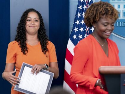 White House Hispanic Media Director Luisana Perez Fernandez, left, joins White House press secretary Karine Jean-Pierre, right, at a briefing at the White House in Washington, Thursday, Sept. 15, 2022. (Andrew Harnik/AP)