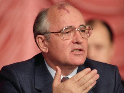 Soviet Premier Mikhail Gorbachev speaks at a press conference in Washington D.C. at the 1987 opening of the Soviet Compound.