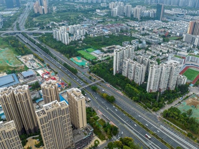 CHENGDU, CHINA - SEPTEMBER 01: Aerial view of near-empty streets as Chengdu imposes city-w