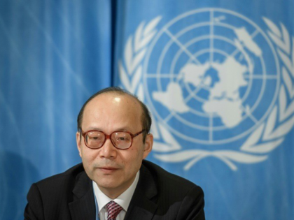 Chinese Ambassador Chen Xu gives a press conference on the upcoming elections to head the World Intellectual Property Organization, at the United Nations offices in Geneva on February 26, 2020. (Photo by Fabrice COFFRINI / AFP)