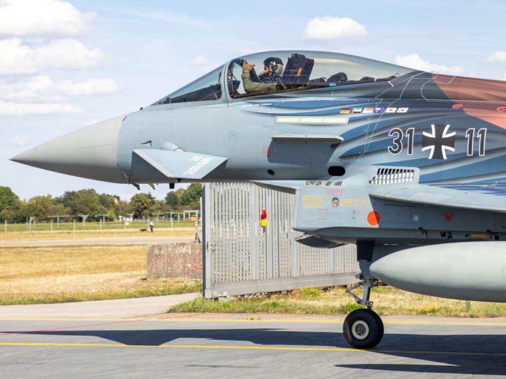 15 August 2022, Bavaria, Neuburg An Der Donau: A German Eurofighter with special "Rapid Pacific 2022" livery prepares for takeoff at Neuburg Air Base. As part of the "Rapid Pacific 2022" project, which involves some 250 Air Force servicemen and women, as well as four transport aircraft to refuel the fighters in the air, six Eurofighters will take off from the air base for Singapore and then fly on to Australia. There, the crews will take part in two multinational exercises (air combat and naval warfare) for the Australian armed forces in August and September. Photo: Daniel Karmann/dpa (Photo by Daniel Karmann/picture alliance via Getty Images)