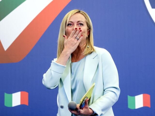 Giorgia Meloni, leader of the Brothers of Italy party, reacts at the party's general election night event in Rome, Italy, on Monday, Sept. 26. 2022. Giorgia Meloni is on track to lead Italys most right-wing government since World War II after exit polls projected a clear victory for her coalition …