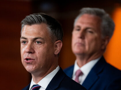 UNITED STATES - JUNE 9: Rep. Jim Banks, R-Ind., speaks as House Minority Leader Kevin McCarthy, R-Calif., listens during the news conference on the January 6 Committee on Thursday, June 9, 2022. (Bill Clark/CQ-Roll Call, Inc via Getty Images)