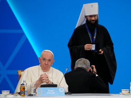 Pope Francis and Metropolitan Anthony, in charge of foreign relations for the Russian Orthodox Church, attend the '7th Congress of Leaders of World and Traditional Religions, in Nur-Sultan, Kazakhstan, Wednesday, Sep. 14, 2022. Against the backdrop of Russia's invasion of Ukraine, Francis opened an interfaith conference in the former Soviet …