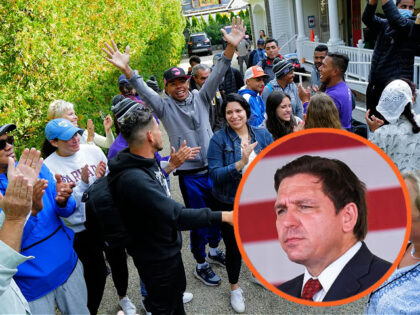 INSET: Florida Gov. Ron DeSantis. September 16: Venezuelan migrants and volunteers celebrate together outside of St. Andrew's Parish House. Two planes of migrants from Venezuela arrived suddenly two days prior causing the local community to mobilize and create a makeshift shelter at the church. (Photo by Carlin Stiehl for The …