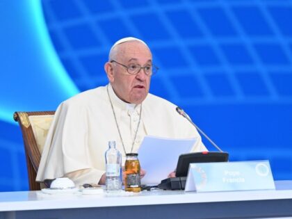 NUR SULTAN, KAZAKHSTAN - SEPTEMBER 14: (----EDITORIAL USE ONLY - MANDATORY CREDIT - "PRESIDENCY OF KAZAKHSTAN/ HANDOUT" - NO MARKETING NO ADVERTISING CAMPAIGNS - DISTRIBUTED AS A SERVICE TO CLIENTS----) Pope Francis speaks at the VII Congress of Leaders of World and Traditional Religions at Palace of Independence in Nur …