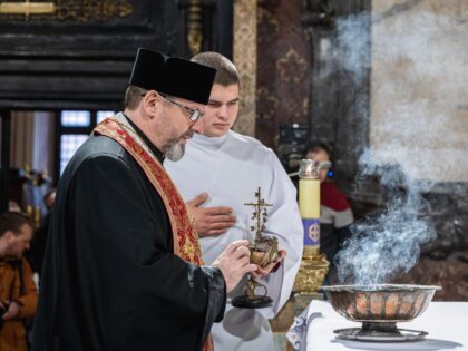 LVIV, UKRAINE - 2022/03/10: Sviatoslav Shevchuk, Archbishop of Kyiv (L), burns the incense. The Polish Cardinal Konrad Krajewski, the Papal Almoner in Ukraine, attended the interfaith prayer service at the Cathedral of the Assumption of the Blessed Virgin Mary (Lviv Metropolitan Basilica) in the presence of the Pan-Ukrainian Council of …