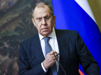 In this photo released by the Russian Foreign Ministry Press Service, Russian Foreign Minister Sergey Lavrov pauses during his and Brazilian Foreign Minister Carlos Franca's joint news conference following their talks in Moscow, Russia, Nov. 30, 2021. Russia's top diplomat on Wednesday, Dec. 21 says that Russian and U.S. negotiators …
