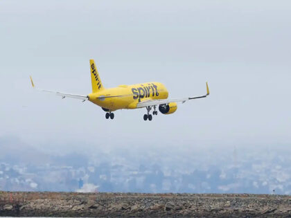 OAKLAND, CALIFORNIA - JULY 28: A Spirit Airlines plane lands at Oakland International Airport on July 28, 2022 in Oakland, California. JetBlue Airways announced plans to purchase low-cost airline Spirit Airlines, a merger that would create the U.S.'s fifth-largest airline. (Photo by Justin Sullivan/Getty Images)