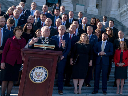 House Minority Whip Steve Scalise, R-La., left, speaks at the podium joined by other Republican members of the House, including House Minority Leader Kevin McCarthy, R-Calif., Wednesday, Nov. 17, 2021, on Capitol Hill in Washington. (AP Photo/Jacquelyn Martin)