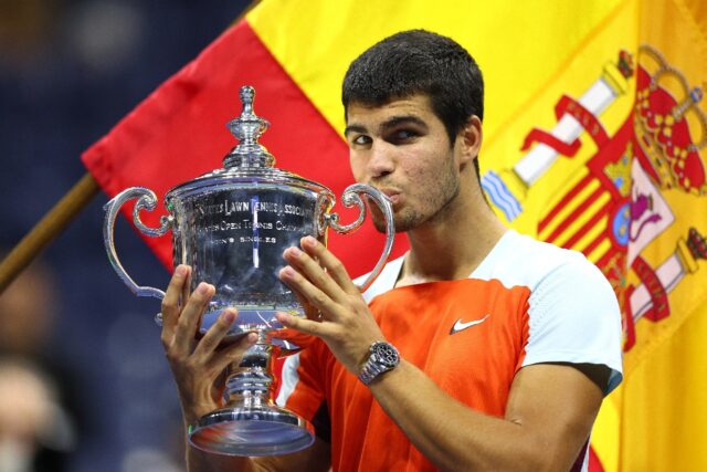 Carlos Alcaraz celebrates his US Open victory which made him the youngest world number one