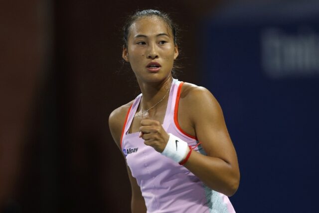 China's Zheng Qinwen reacts during her defeat to Jule Niemeier of Germany at the US Open o