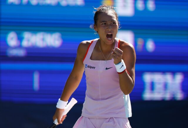 China's Zheng Qinwen reacts during her second round win over Anastasia Potapova at the US