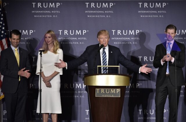 Donald Trump, with children (L-R) Donald Trump Jr., Ivanka Trump, and Eric Trump at the op