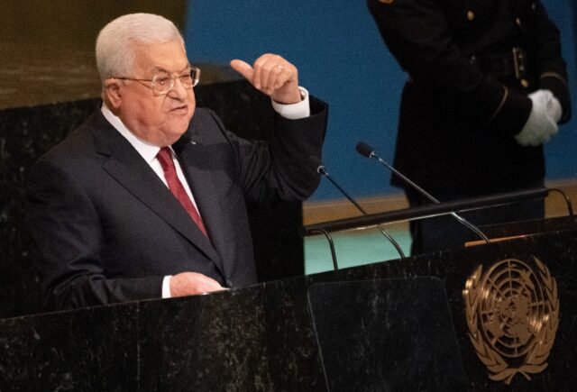 Palestinian president Mahmud Abbas addresses the 77th session of the United Nations General Assembly
