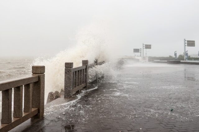 Waves generated by Typhoon Muifa break along the coast in Lianyungang in China's eastern J