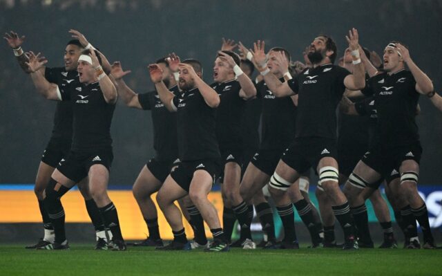 New Zealand's players perform the haka before the Rugby Championship match against Austral