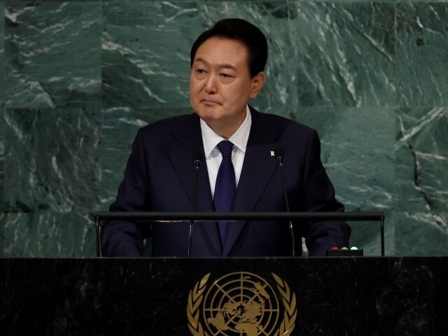 NEW YORK, NEW YORK - SEPTEMBER 20: South Korean President Yoon Suk-yeol speaks at the 77th