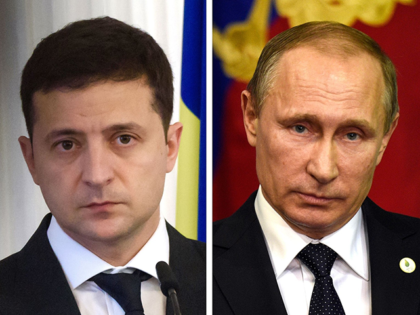 file photos created on December 8, 2019, shows (fromL) President of Ukraine Volodymyr Zelensky listening during a joint press conference with President of Latvia in Riga, Latvia, on October 16, 2019, Russian President Vladimir Putin giving a press conference, during the COP21 United Nations conference on climate change in Le …