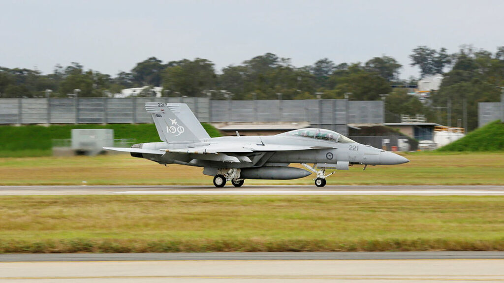 F/A-18F Super Hornet aircraft, A44-221, in which he attained 4,000 flying hours at RAAF Base Amberley, Queensland.