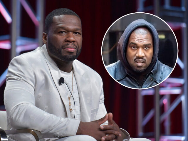 (INSET: Kanye West) Curtis "50 Cent" Jackson participates in the Starz "Power" panel at th