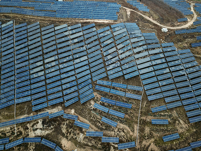 A solar panel installation is seen in Ruicheng County in central China's Shanxi Province.