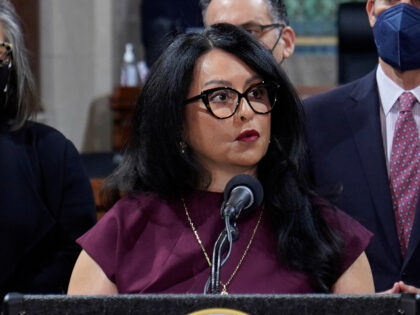 FILE - Los Angeles City Council President Nury Martinez at podium, and Mayor Eric Garcetti, right, attend a news conference in Los Angeles on April 1, 2022. The three Los Angeles City Council members at the center of a scandal over a recording of racist comments have each had long, …