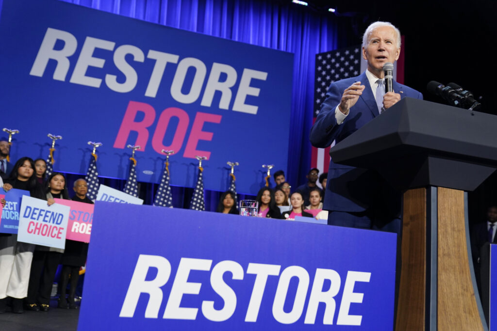 President Joe Biden speaks about abortion access during a Democratic National Committee event at the Howard Theatre, Tuesday, Oct. 18, 2022, in Washington. (AP Photo/Evan Vucci)