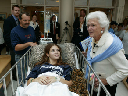 PORTLAND, ME - SEPTEMBER 30: ***EXCLUSIVE*** Former First Lady Barbara Bush visits and meets with families, September 30, 2003 at the Barbara Bush Childrens Hospital at the Portland, Maine Medical Centre in downtown Portland. Barbara Bush visited with Hospital staff and toured the premature-births ward. (Photo by Charles Ommanney/Getty Images)
