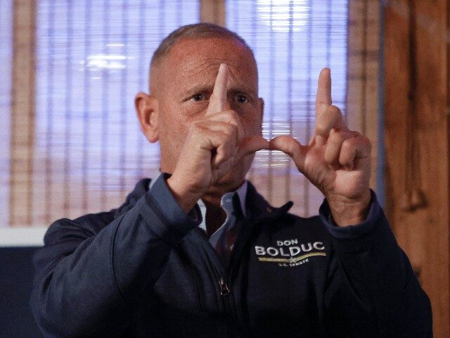 New Hampshire Republican U.S. Senate candidate Don Bolduc gestures as he campaigns at the