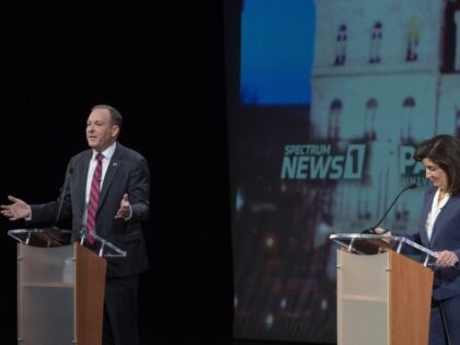 Republican candidate for New York Governor Lee Zeldin, left, participates in a debate against incumbent Democratic Gov. Kathy Hochul hosted by Spectrum News NY1 and WNYC, Tuesday, Oct. 25, 2022, at Pace University in New York. (Mary Altaffer, Pool/AP)