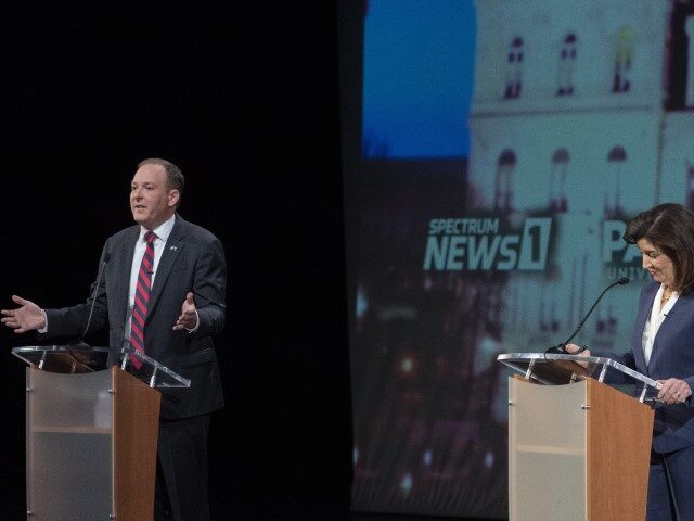 Republican candidate for New York Governor Lee Zeldin, left, participates in a debate agai