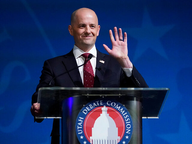 Independent challenger Evan McMullin looks on during a televised debate with Utah Republic