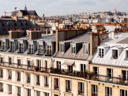 Paris skyline with residential houses rooftops high angle view, Paris, France
