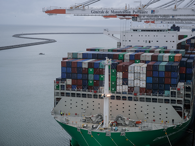 The container ship "CMA CGM Jacques Saade" docks in the harbour of Le Havre, nor