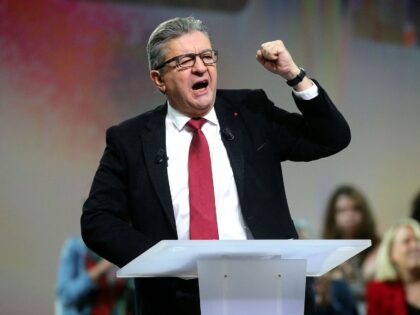 French far-left La France Insoumise (LFI) parliamentary group's president Jean-Luc Melenchon gestures as he delivers a speech in front of an audience during a convention in Reims, northern France on October 17, 2021. (Photo by FRANCOIS NASCIMBENI / AFP) (Photo by FRANCOIS NASCIMBENI/AFP via Getty Images)