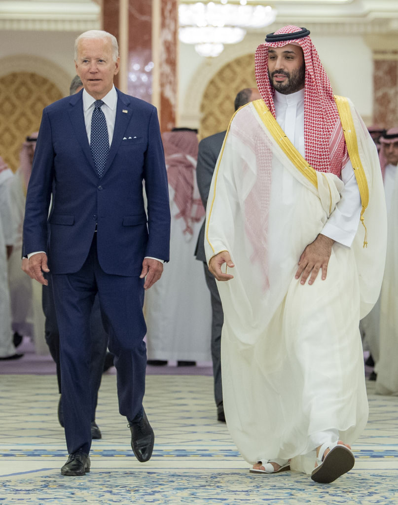 JEDDAH, SAUDI ARABIA - JULY 15: (----EDITORIAL USE ONLY â MANDATORY CREDIT - "ROYAL COURT OF SAUDI ARABIA / HANDOUT" - NO MARKETING NO ADVERTISING CAMPAIGNS - DISTRIBUTED AS A SERVICE TO CLIENTS----) US President Joe Biden (L) meets Saudi Arabian Crown Prince Mohammed bin Salman (R) at Alsalam Royal Palace in Jeddah, Saudi Arabia on July 15, 2022. (Photo by Royal Court of Saudi Arabia/Anadolu Agency via Getty Images)