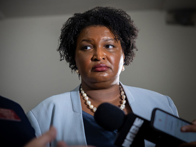ATLANTA, UNITED STATES - AUGUST 03: Georgia gubernatorial candidate Stacey Abrams talks with the press after a group discussion with women impacted by miscarriage in Atlanta, Georgia, United States on August 03, 2022. (Photo by Nathan Posner/Anadolu Agency via Getty Images)