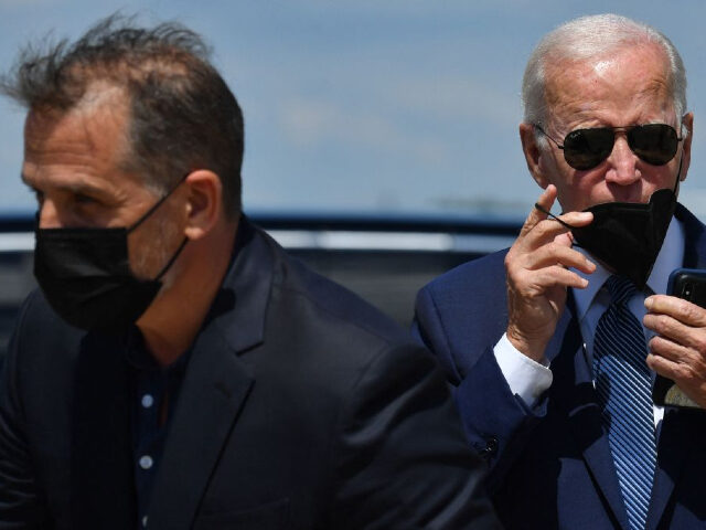 US President Joe Biden (R) and his son Hunter Biden walk to a vehicle after disembarking Air Force One upon arrival at Joint Base Andrews in Maryland on August 16, 2022, as they return from vacation in Kiawah Island, South Carolina. (Photo by Nicholas Kamm / AFP) (Photo by NICHOLAS …