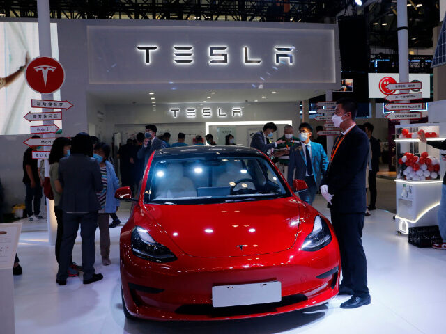 BEIJING, CHINA - SEPTEMBER 4, 2022 - The Tesla stand at the 2022 China International Fair for Trade in Services at the National Convention Center in Beijing, China, Sept 4, 2022. (Photo credit should read CFOTO/Future Publishing via Getty Images)
