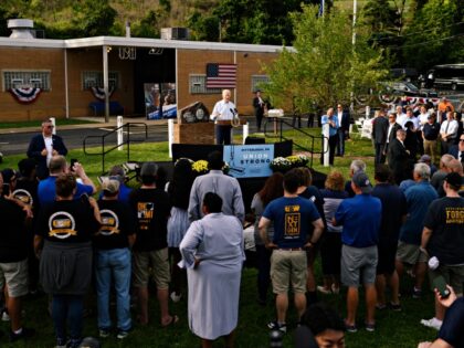 US President Joe Biden, center, speaks outside the United Steelworkers of America Local Union 2227 hall in West Mifflin, Pennsylvania, US, on Monday, Sept. 5, 2022. With two months to go before voters head to the polls, Biden has been ramping up his efforts to aid fellow Democrats in midterm …