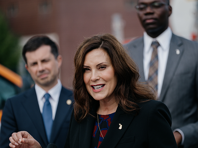 Gretchen Whitmer, governor of Michigan, speaks during a press conference in Detroit, Michigan, US, on Thursday, Sept. 15, 2022. A long-delayed plan to dismantle Interstate 375, a 1-mile depressed freeway in Detroit that was built by demolishing Black neighborhoods 60 years ago, was a big winner of federal money Thursday, …