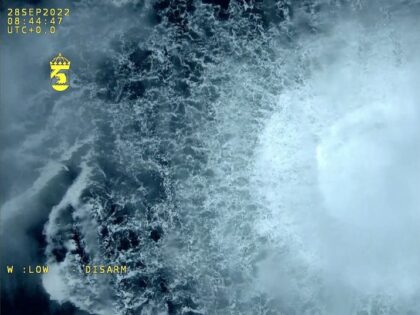 AT SEA, SWEDEN - SEPTEMBER 30: (----EDITORIAL USE ONLY - MANDATORY CREDIT - "SWEDISH COAST GUARD / HANDOUT" - NO MARKETING NO ADVERTISING CAMPAIGNS - DISTRIBUTED AS A SERVICE TO CLIENTS----) A screen grab from Danish Defense shows a gas leak causes bubbles on the surface of the water at …