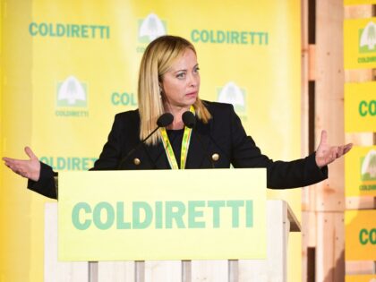 Leader of Italian far-right party "Fratelli d'Italia" (Brothers of Italy), Giorgia Meloni delivers a speech on Ocober 1, 2022 during a visit to the "Villagio Coldiretti" in Milan, a three-day event organized by the Italian Italian Farmers' Association. (Photo by Piero CRUCIATTI / AFP) (Photo by PIERO CRUCIATTI/AFP via Getty …