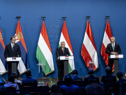 BUDAPEST, HUNGARY - OCTOBER 03: (L-R) Serbian President Aleksandar Vucic, Hungarian Prime Minister Viktor Orban and Austrian Chancellor Karl Nehammer attend a press conference in Budapest on October 03, 2022. Hungary's parliament is likely to approve Monday the first of more than a dozen anti-corruption measures that the government has …