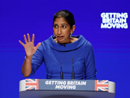 BIRMINGHAM, ENGLAND - OCTOBER 04: Suella Braverman, Secretary of State for the Home Department speaks on day three of the Conservative Party Conference on October 04, 2022 in Birmingham, England. This year the Conservative Party Conference will be looking at "Getting Britain Moving" with more jobs and higher salaries. However, …