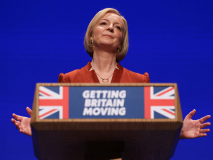 Liz Truss, UK prime minister, delivers her keynote speech during the Conservative Party's annual autumn conference in Birmingham, UK, on Wednesday, Oct. 5, 2022. Truss is struggling to keep control less than a month into her tenure, already forced into a humiliating U-turn over her plan to cut income tax …
