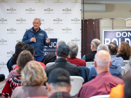 DERRY, NH - OCTOBER 15: Republican senate nominee Don Bolduc speaks during a campaign even