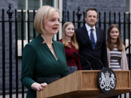 LONDON, ENGLAND - OCTOBER 25: British Prime Minister Liz Truss makes a statement prior to her formal resignation outside Number 10 in Downing Street on October 25, 2022 in London, England. Rishi Sunak will take office as the UK's 57th Prime Minister today after he was appointed as Conservative leader …